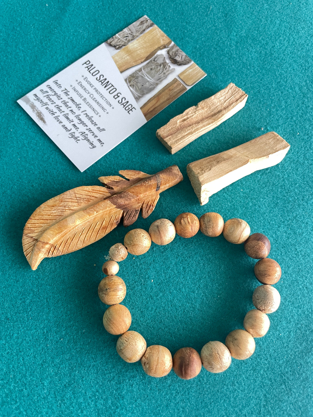 Palo Santo feather, bracelet and blocks set with crystal info card