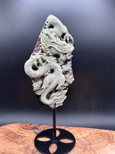 Load image into Gallery viewer, Exquisite Purple Robe Jade Dragon Carving with Custom Stand