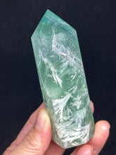 Load image into Gallery viewer, Rainbow Feather Fluorite tower w/ crystal info card
