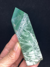 Load image into Gallery viewer, Rainbow Feather Fluorite tower w/ crystal info card
