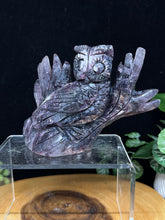 Load image into Gallery viewer, Crystal owl sculpture on a clear stand with a dark background