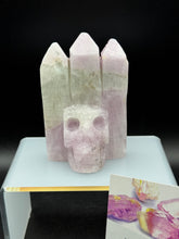 Load image into Gallery viewer, Rare UV Reactive Kunzite 3-Point Skull Carving — Amazing Glow! SZ83
