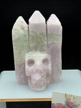Load image into Gallery viewer, Rare UV Reactive Kunzite 3-Point Skull Carving — Amazing Glow! SZ83
