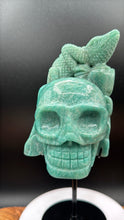 Load image into Gallery viewer, 8.25" Amazonite Skull with Lizard on Custom Stand Crystal Carving, Throat Chakra - The7directions
