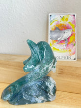 Load image into Gallery viewer, 116mm Moss Agate Dolphin Z71 with crystal info card
