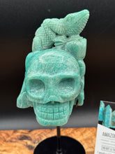 Load image into Gallery viewer, 8.25" Amazonite Skull with Lizard on Custom Stand Crystal Carving, Throat Chakra - The7directions
