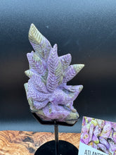 Load image into Gallery viewer, Rare Atlantisite Stichtite Serpentine Nine Tail Fox w/ custom stand - The7directions
