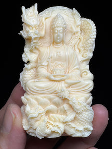 7.75" Palm nut carved Thousand hand Guan Yin w/ heart sutra XE42