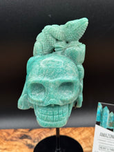 Load image into Gallery viewer, 8.25" Amazonite Skull with Lizard on Custom Stand Crystal Carving, Throat Chakra - The7directions
