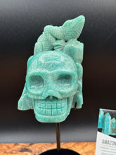 Load image into Gallery viewer, 8.25" Amazonite Skull with Lizard on Custom Stand Crystal Carving, Throat Chakra - The7directions
