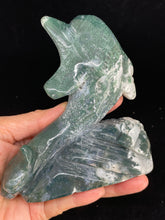 Load image into Gallery viewer, 116mm Moss Agate Dolphin Z71 with crystal info card
