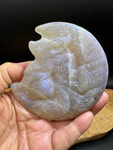 Load image into Gallery viewer, Nine-Tailed Fox – Blue Flash Moonstone Carving with Meaning Card &amp; Acrylic Stand - The7directions
