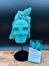 Load image into Gallery viewer, 8.25" Amazonite Skull with Lizard on Custom Stand Crystal Carving, Throat Chakra - The7directions
