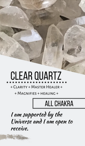 Clear quartz geometric free form with rainbows and crystal info card ZC25C