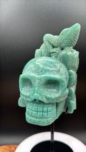 Load image into Gallery viewer, 8.25" Amazonite Skull with Lizard on Custom Stand Crystal Carving, Throat Chakra - The7directions
