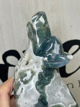 Load image into Gallery viewer, Moss Agate Howling Wolf ZB67 with druzy and crystal info card
