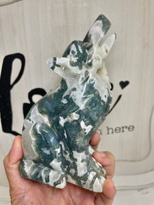 Moss Agate Howling Wolf ZB67 with druzy and crystal info card