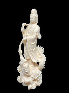 Carved Palm nut Goddess of Compassion Guan Yin and dragon H