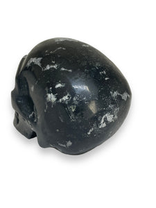 Black Onyx carved skull with crystal info card