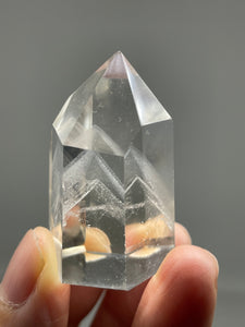 Brazilian Clear quartz tower multiple white phantoms generator with crystal info card Z46