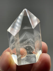 Brazilian Clear quartz tower multiple white phantoms generator with crystal info card Z46