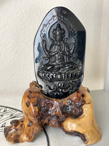 Black Obsidian Guan Yin Goddess of Compassion Z51 statue with custom wood base