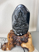 Load image into Gallery viewer, Black Obsidian Guan Yin Goddess of Compassion Z51 statue with custom wood base
