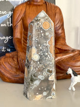 Load image into Gallery viewer, Agate tower with orbicular patterns with crystal info card Z65
