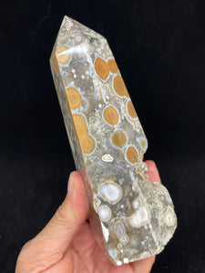 Agate tower with orbicular patterns with crystal info card Z65