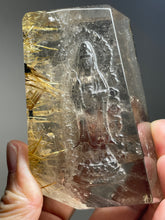Load image into Gallery viewer, Incredible Golden Rutilated quartz Guan Yin carving Z81 with custom wood stand

