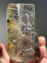 Load image into Gallery viewer, Incredible Golden Rutilated quartz Guan Yin carving Z81 with custom wood stand
