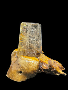 Incredible Golden Rutilated quartz Guan Yin carving Z81 with custom wood stand