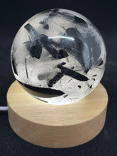 Load image into Gallery viewer, 70mm Black Tourmaline schorl includee sphere with LED light and crystal info card Z87

