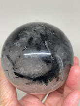 Load image into Gallery viewer, 70mm Black Tourmaline schorl includee sphere with LED light and crystal info card Z87
