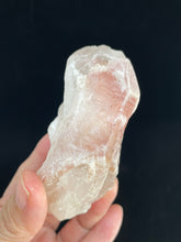 Load image into Gallery viewer, Raw Pink Dreamiscle Lemurian quartz from Diamantina Mine Brazil Z90 with crystal card info
