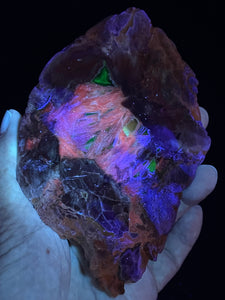 Rare Pink and Green UV Reactive Volcanic Agate Slab with crystal info card ZF14