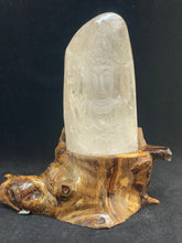 Load image into Gallery viewer, Hand Carved Clear Quartz Guan Yin altar statue with custom wood stand ZF17
