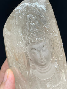 Hand Carved Clear Quartz Guan Yin altar statue with custom wood stand ZF17