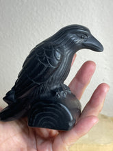 Load image into Gallery viewer, Black Obsidian Crow / Raven carving  ZF18 with crystal info card
