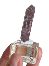 Load image into Gallery viewer, Rare raw pink Lithium quartz point ZF28 with crystal info card
