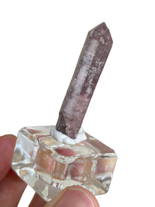 Rare raw pink Lithium quartz point ZF28 with crystal info card