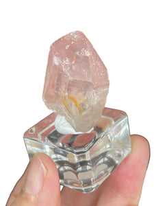 Rare raw pink Lithium quartz point ZF29 with crystal info card