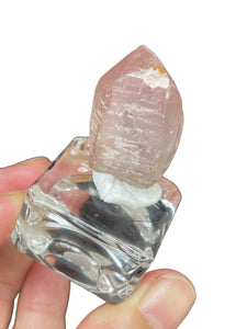 Rare raw pink Lithium quartz point ZF29 with crystal info card