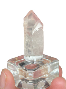 Rare raw pink Lithium quartz point ZF30 with crystal info card