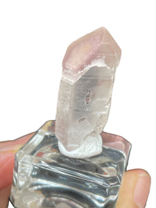 Rare raw pink Lithium quartz point ZF30 with crystal info card