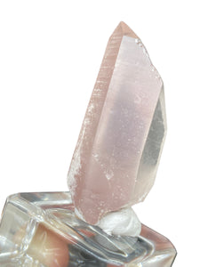 Rare raw pink Lithium quartz point ZF31 with crystal info card