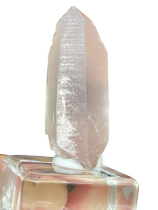 Rare raw pink Lithium quartz point ZF31 with crystal info card