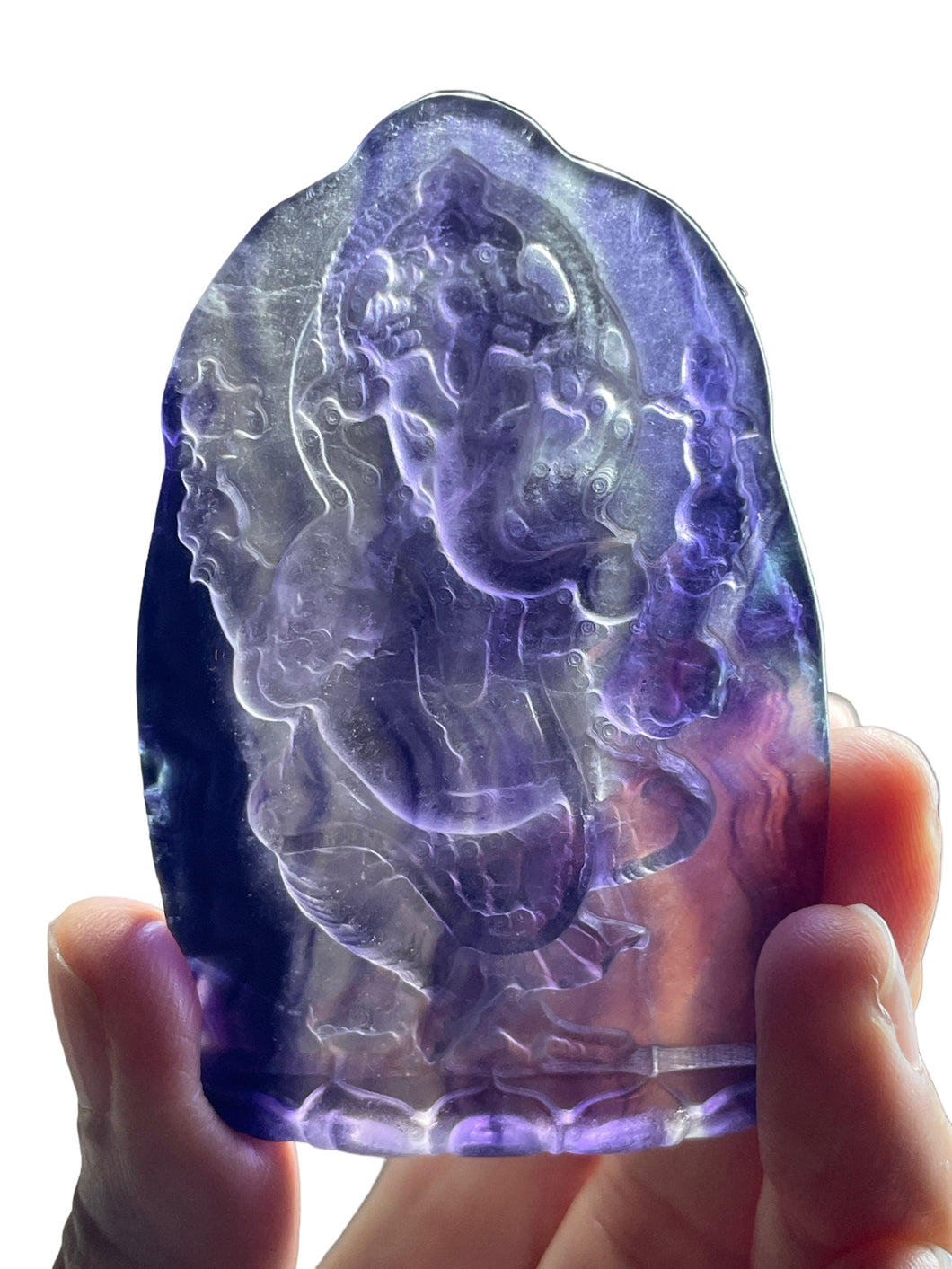 Rainbow fluorite Ganesha with crystal info card and acrylic stand ZF32