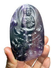Load image into Gallery viewer, Rainbow fluorite Guan Yin on a dragon with crystal info card and acrylic stand ZF33

