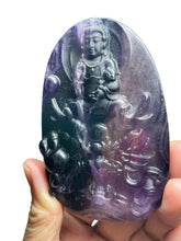 Load image into Gallery viewer, Rainbow fluorite Guan Yin on a dragon with crystal info card and acrylic stand ZF33
